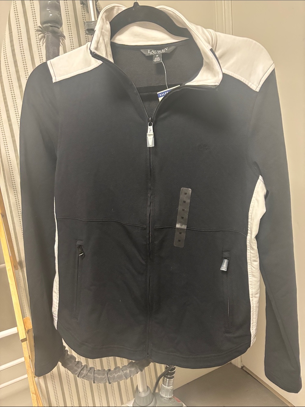 NWT! Lauren Ralph Lauren Black Jacket with Cream Panels Zip Front! Size M!